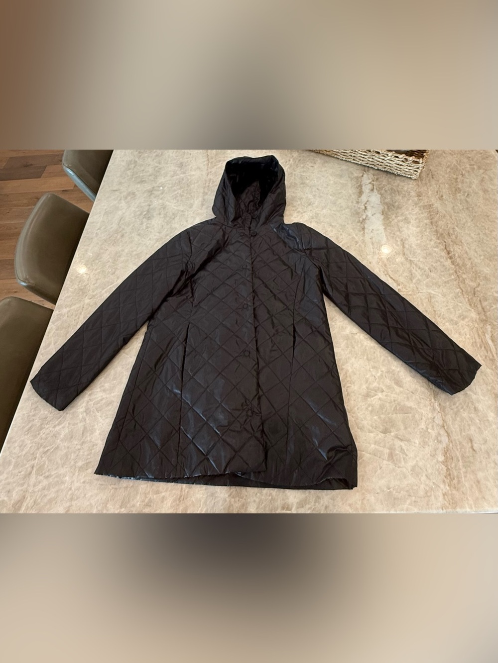 Eileen Fisher Women’s M Black Quilted Hooded Long Coat Jacket Lightweight
